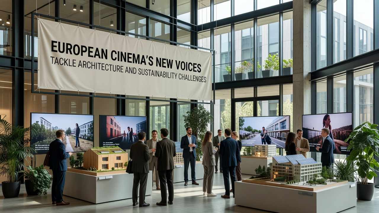 An urban landscape shot from a recent European film showing eco-friendly buildings integrated with green spaces