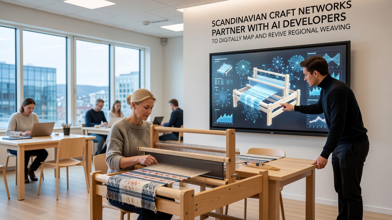 Digital interface displaying mapped Scandinavian weaving patterns and revival workshops